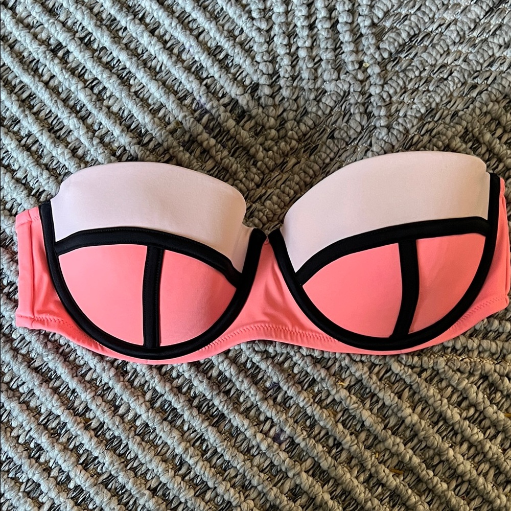 Strapless Bikini Top in Coral Pink with Black Trim